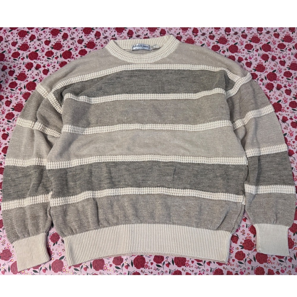 Bullock & Jones Linen Cotton Striped Sweater Made in Italy‎ Beige Grey XL 
D3